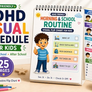 May include: A spiral-bound ADHD friendly morning and school routine visual flip chart for kids with 25 pages. The cover features a cartoon boy giving a thumbs up next to a checklist with tasks like wake up, brush teeth, pack backpack, put shoes on, and ready to go.