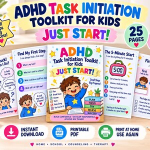May include: An ADHD task initiation toolkit for kids featuring 25 pages of printable worksheets. The cover displays a child with a checklist and a stack of colorful books labeled Plan, Focus, Try, Believe, and Succeed. Includes text prompts.