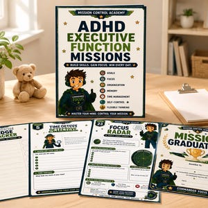 Könnte beinhalten: Ein Set von ADHD Executive Function Missions Arbeitsblättern, bestehend aus einem Deckblatt, einem Abzeichen-Tracker, einem Zeitdetektiv-Blatt, einer Fokus-Radar-Seite und einem Missions-Abschlusszertifikat mit bunten Illustrationen.