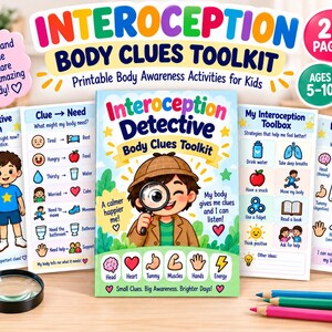 Può includere: Un libro di attività stampabile Interoception Body Clues Toolkit per bambini dai 5 ai 10 anni. La copertina presenta un detective dei cartoni animati con una lente d'ingrandimento, icone di parti del corpo e il testo: Interoception Detective Body Clues Toolkit.