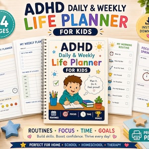 以下が含まれることがあります： 64ページのリング綴じADHD Daily & Weekly Life Planner for Kids。表紙にはノートに書き込む子供のイラストが描かれており、ADHD Daily & Weekly Life Planner For Kids、Plan it. Do it. Feel proud!、Routines、Focus、Time、Goalsというテキストが記載されています。