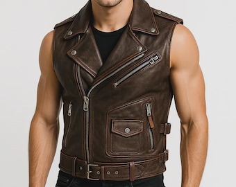 Men&#39;s Vintage Leather Motorcycle Vest: Custom Biker Bomber Jacket