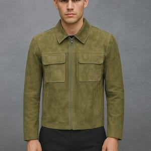 Men&#39;s Green Leather Trucker Pure Suede Jacket, Custom Made, Gift for Him