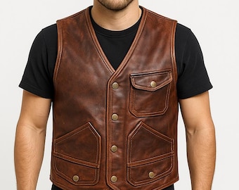 Handmade Distressed Sheepskin Leather Biker Vest: Vintage Motorcycle Waistcoat