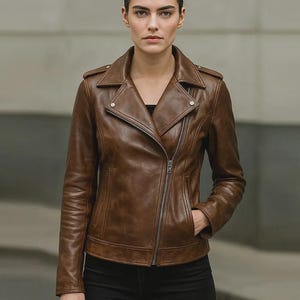 Brown Lambskin Leather Moto Jacket: Women&#39;s Biker Style Outerwear