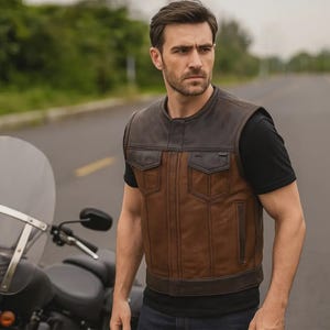 Quilted Leather Biker Vest: Cowhide Motorcycle Vest, Club Style