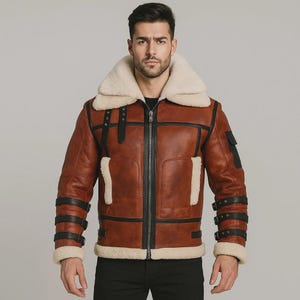 Men&#39;s RAF B3 Aviator Sheepskin Bomber Two Tone Jacket | Real Leather Pilot Flying Coat