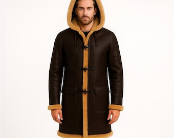 Men&#39;s Shearling Duffle Coat: Genuine Sheepskin Leather, Fur Hood - Handmade