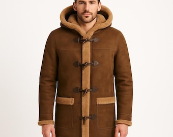 Handmade Shearling Lined Sheepskin Duffle Coat: Hooded Winter Leather Coat