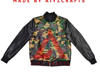 Men's Camouflage Bomber Jacket with Leather Sleeves