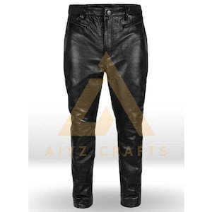 May include: Black leather trousers with a slim fit and a classic five-pocket design.