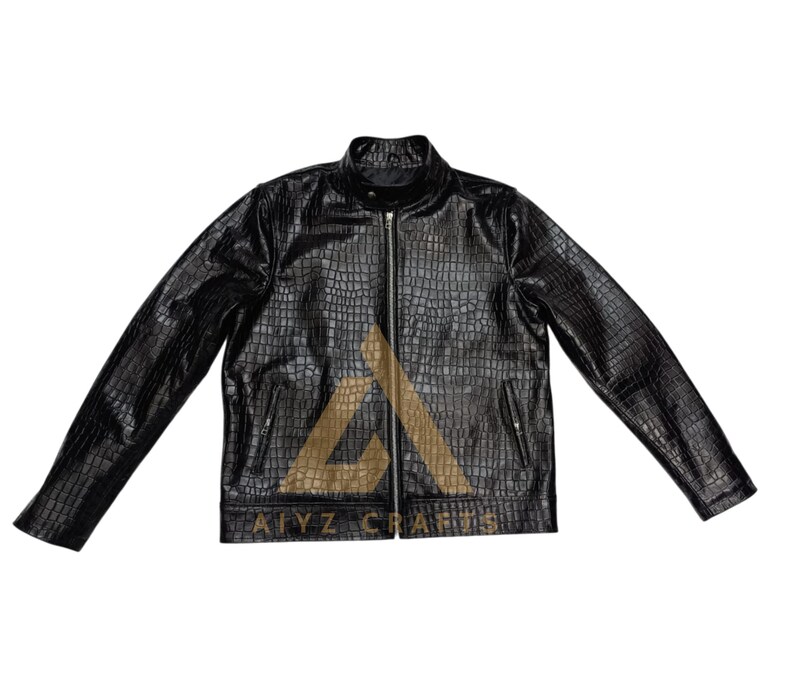 Men Genuine Cowhide Crocodile Embossed Leather Fashion Jacket, image 7