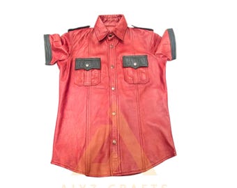 Men's Red Leather Shirt: Short Sleeve Button-Up