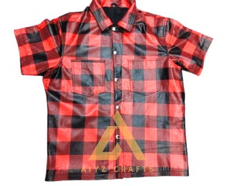 Men's Red Plaid Leather Shirt: Short Sleeve Button-Up