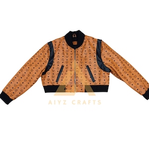 Women&#39;s MCM Leather Crop Top Bomber Jacket: Genuine Cowhide