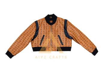 Women's MCM Leather Crop Top Bomber Jacket: Genuine Cowhide