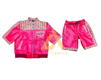 Handmade MCM Leather Suit: Men's Red Cognac Combination Luxury Bomber Half sleeve Jacket & Shorts