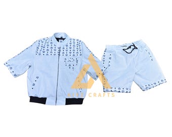Handmade MCM Leather Suit: Men's White Luxury Bomber Jacket & Trousers