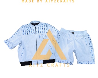 Handmade MCM Leather Suit: Men's White Luxury Bomber Jacket & Shorts