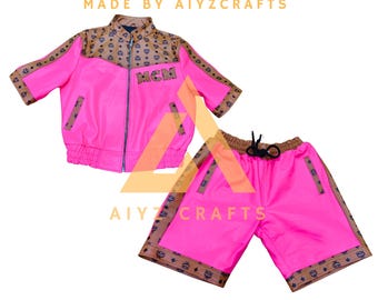 Handmade MCM Leather Suit: Men's Pink Cognac Combination Luxury Bomber Half sleeve Jacket & Shorts
