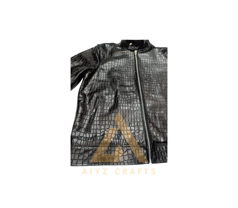 Men Genuine Cowhide Crocodile Embossed Leather Fashion Jacket, image 5