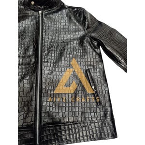 Men Genuine Cowhide Crocodile Embossed Leather Fashion Jacket, image 4