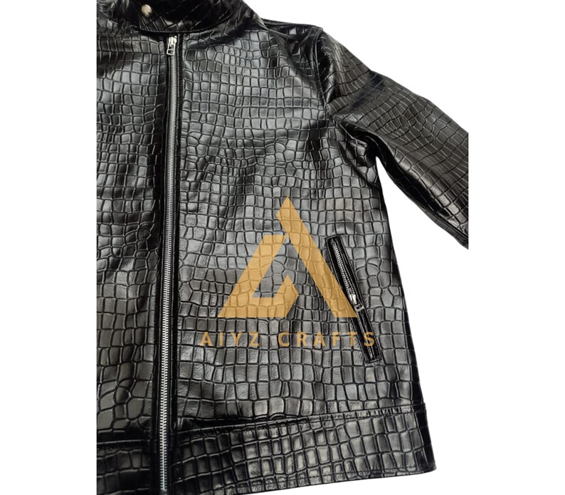 Men Genuine Cowhide Crocodile Embossed Leather Fashion Jacket, image 4