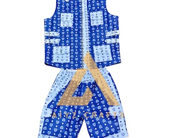 May include: A blue and white vest and shorts set featuring a repeating monogram pattern. The vest has a front zipper, four flap pockets, and two side buckle straps. The shorts feature a matching pattern with side pockets. Text reads MADE BY AIYZCRAFTS.
