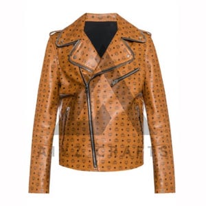 Handmade Cognac Genuine Sheep Leather mcm Biker Jacket, mcm Biker Jacket, MCM Leather Jacket, MCM Motorcycle Jacket, Mcm Fashion Jacket, MCM