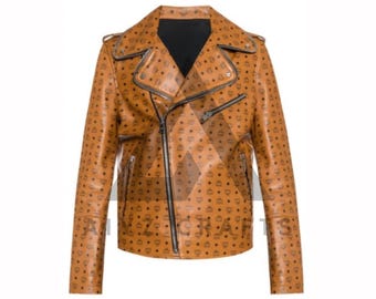 May include: A brown leather jacket with a black and brown patterned design. The jacket features a zip fastening and a stand-up collar.