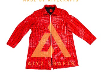 May include: A red, long-sleeved jacket with a repeating black pattern and a full-length zipper. The jacket has a shiny, leather-like appearance and the text "MADE BY AIYZCRAFTS" is printed at the top.
