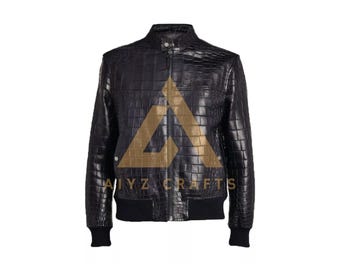 Men's Cowhide Leather Jacket: Black Crocodile Embossed Fashion