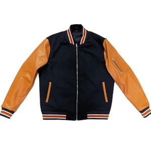 Chaqueta bomber de piel de oveja auténtica para hombre, chaqueta universitaria con bolsillo en la manga para hombre,