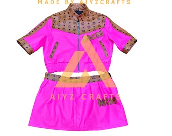 Handmade MCM Leather Suit: Pink Women Short Jacket And Skirt Set