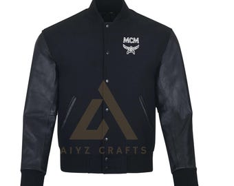 Handmade Lambskin Leather Varsity Jacket: Wool Body, MCM Patches
