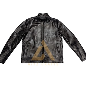 Men Genuine Cowhide Crocodile Embossed Leather Fashion Jacket, image 1
