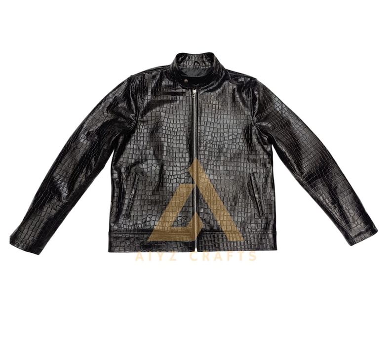 Men Genuine Cowhide Crocodile Embossed Leather Fashion Jacket, image 1