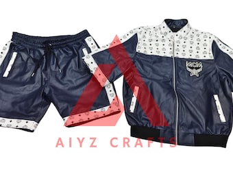 Handmade MCM Leather Suit: Men's Navy Blue Luxury Bomber Jacket & Trousers
