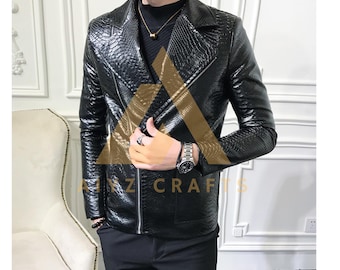 Men's Cowhide Leather Jacket: Crocodile Embossed Black Fashion