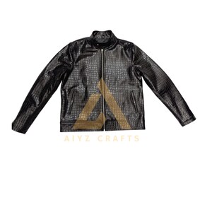 Men Genuine Cowhide Crocodile Embossed Leather Fashion Jacket, image 6