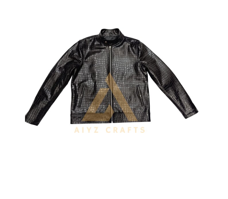 Men Genuine Cowhide Crocodile Embossed Leather Fashion Jacket, image 6