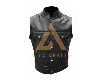 Genuine Buffalo Leather Crocodile Embossed Biker Vest,