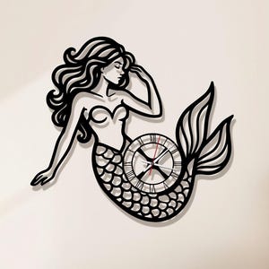 Mermaid Metal Wall Clock: Nautical Ocean Home Decor