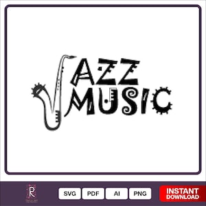 Jazz avec saxophone - fichiers SVG Cricut & Silhouette coupés. Clipart musique jazz. Utilisation commerciale. Libre de droits. (ai, svg, pdf, png, pdf
