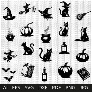 Witchy Halloween Illustration Pack – Magical Witch Elements, halloween,witch,SVG,bundle,magic,cauldron,broom,cat,potion,spell,moon,stars,hat