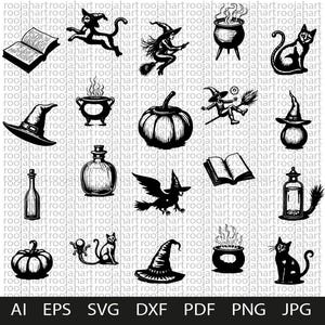 Witchy Halloween Illustration Magical Witch Bundle, witch flying, broomstick, witch hat, moon, candles, bat, raven, pumpkin, black cat