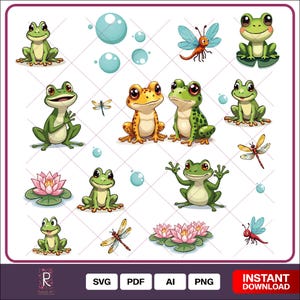 Kawaii Frogs PNG Bundle - Adorable Colorful Frog Designs for Crafting, Stickers, Invitations, Digital Art, Scrapbooking, Creative Projects