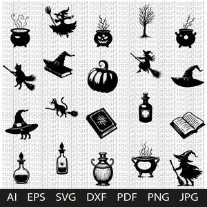 Witchy Halloween Pack  witch flying, cauldron, spell book, broomstick, witch hat, candles, bat, raven, pumpkin, spell circle, cloak, cat