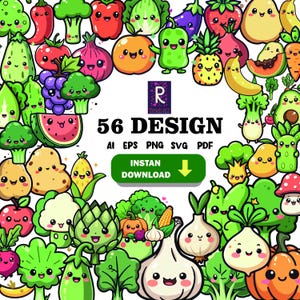 Kawaii Cute Vegetables and Greens PNG Bundle with Smiling Carrots, Broccoli, and More Adorable Healthy Foods for Crafts and Sublimation