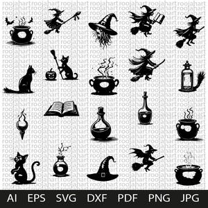 Witchy Halloween Bundle witch flying, cauldron, broomstick, cat, witch hat, potion bottle, moon, stars, wand, candles, bat, raven, pumpkin